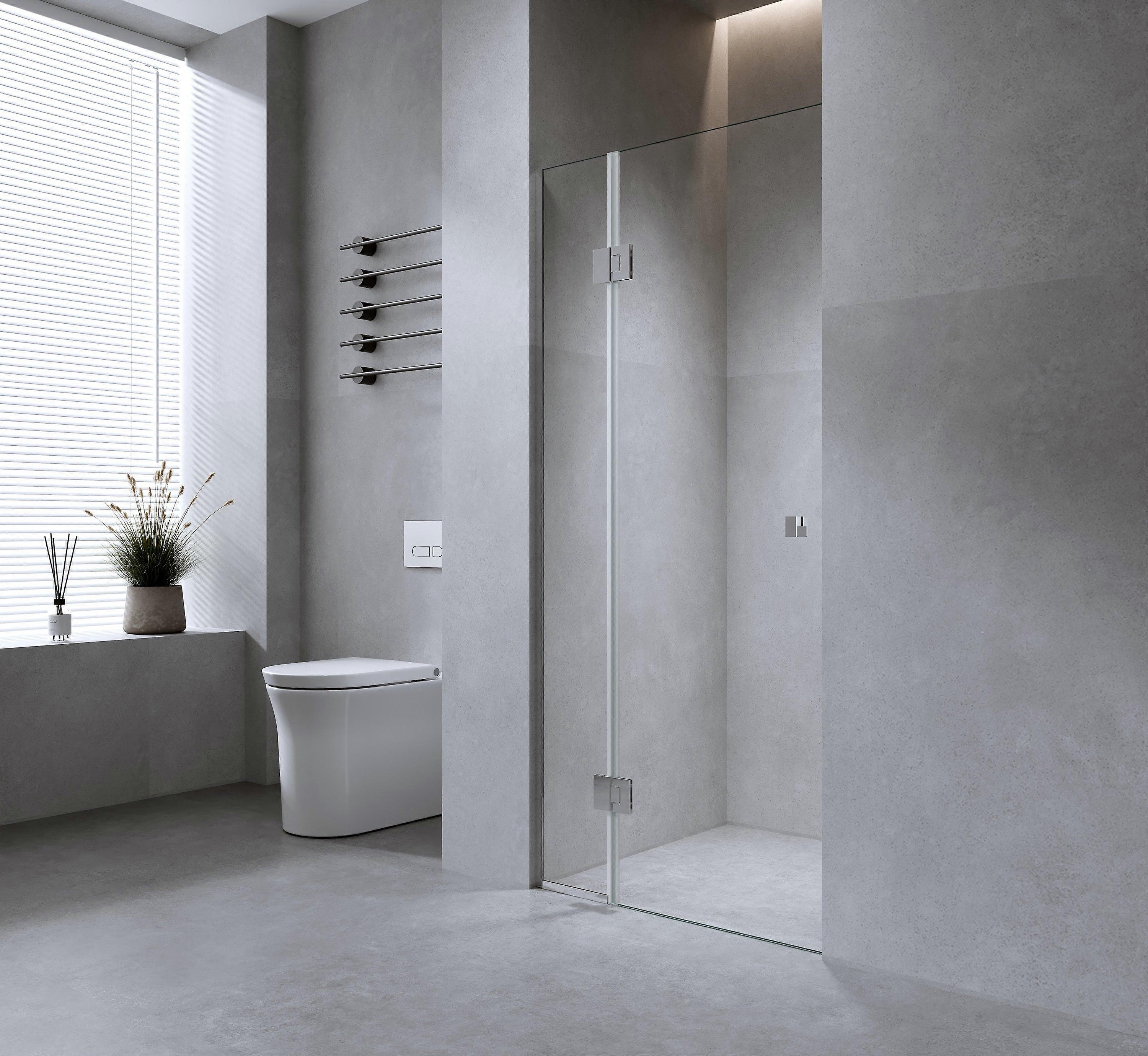90Cm Wall To Frameless Shower Screen With Chrome Channel And Brass Hinges Square Knob Handle Shower Enclosures