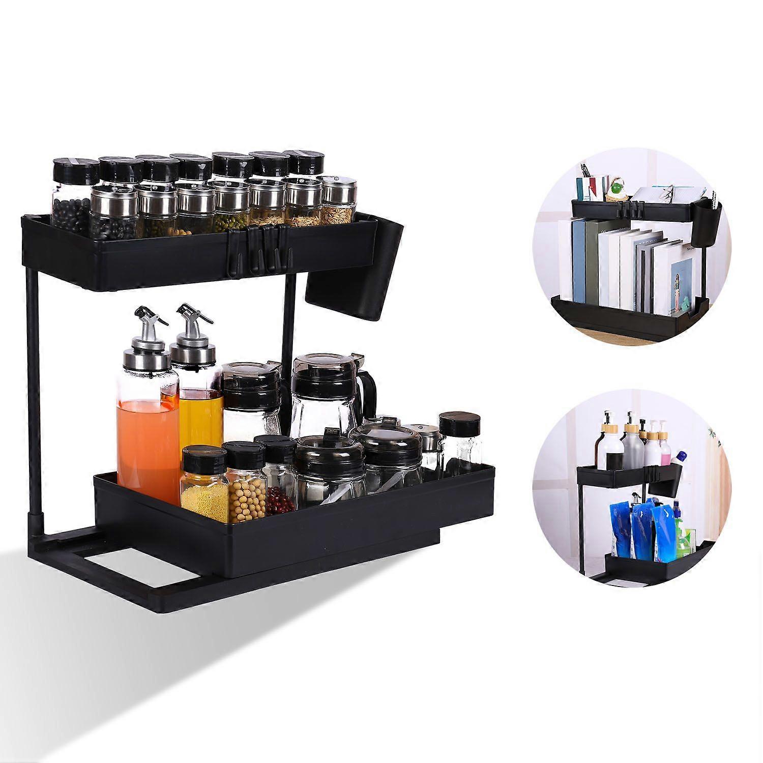Double Layer -Tractable-Kitchen Storage Shelf- Organizer - Storage Rack - Spice Rack - Bathroom Organizer-Storage Rack-Black-ABS+PP