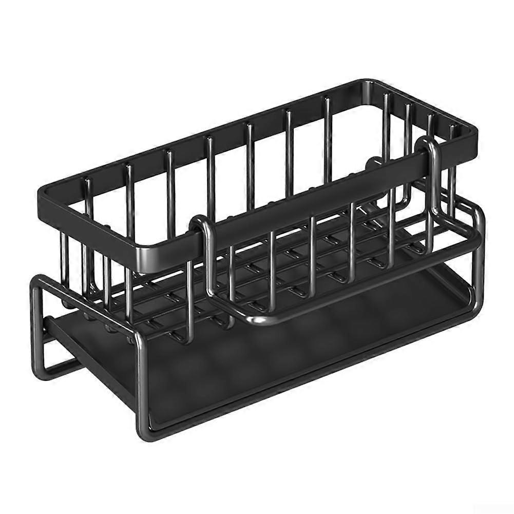 Functional Sponge Holder for Kitchen Sink, Metal Drain Rack with Storage Shelf, Black with Pole, Durable Design