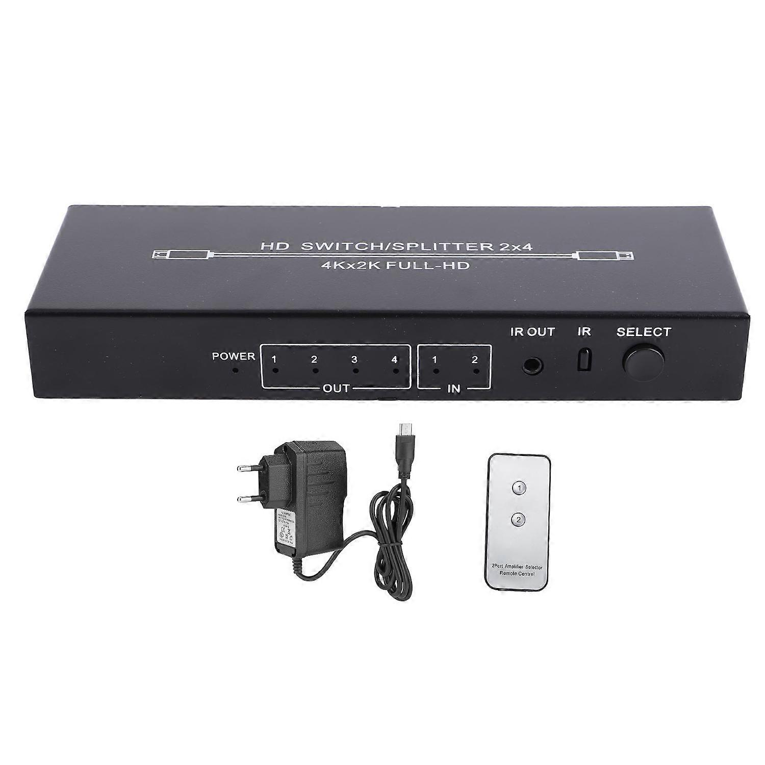 HD Multimedia Interface Splitter 2 in 4 Out 4K HD Switcher with Remote Control for Monitors TVs Proj