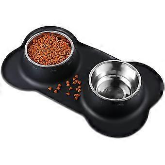 2 X 400ml Cat And Dog Bowl Double Stainless Steel Bowl Non-slip Base Anti-overflow Silicone Mat