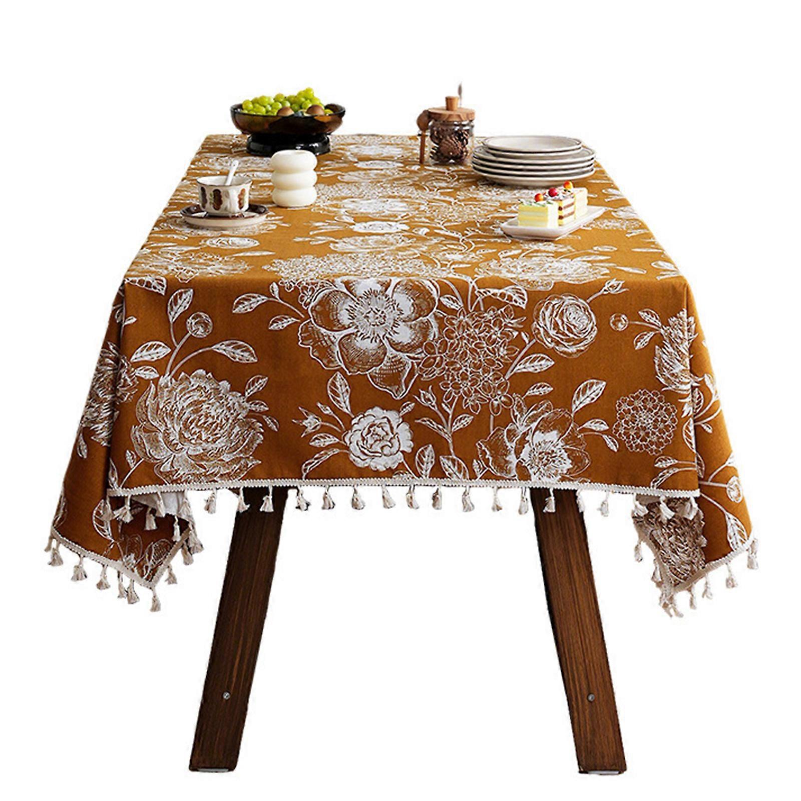 Premium Color Flower Tablecloth Stainproof Easy to Clean Durable Polyester For Most Tables  Warm brown