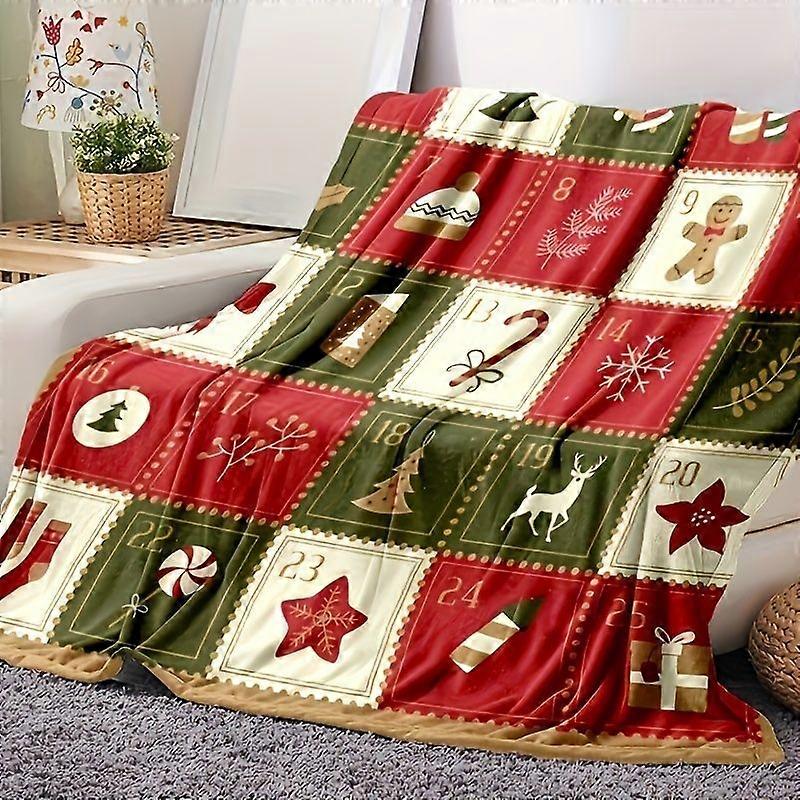 1pc Vintage Christmas Print Flannel Blanket - Soft Warm Throw Blanket with Festive Holiday Patterns (Snowflakes, Candy C-mnbvc316