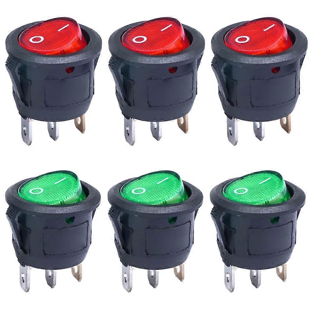 6Pcs KCD1-105 Round Rocker Switch 3 Pins 2 Position on/Off Red and Green LED Light Illuminated Round