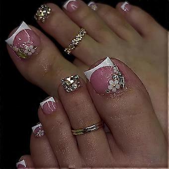 White French Tips Press On Nails - Short Square Fake Nails Glossy Nude Pink False Toes with 3D Flower Charms Design Luxury Rhinestones Full Cover Acr