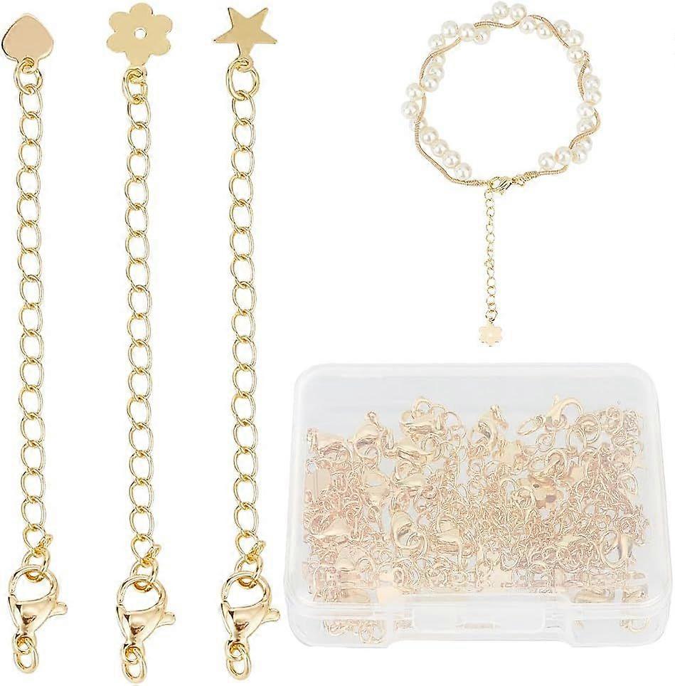 24Pcs 3 Style Necklace Extenders Chain 18K Gold Plated Brass Chain Extender Filled Links Long Extenders with Lobster Claw Clasps Charm Heart Flower St