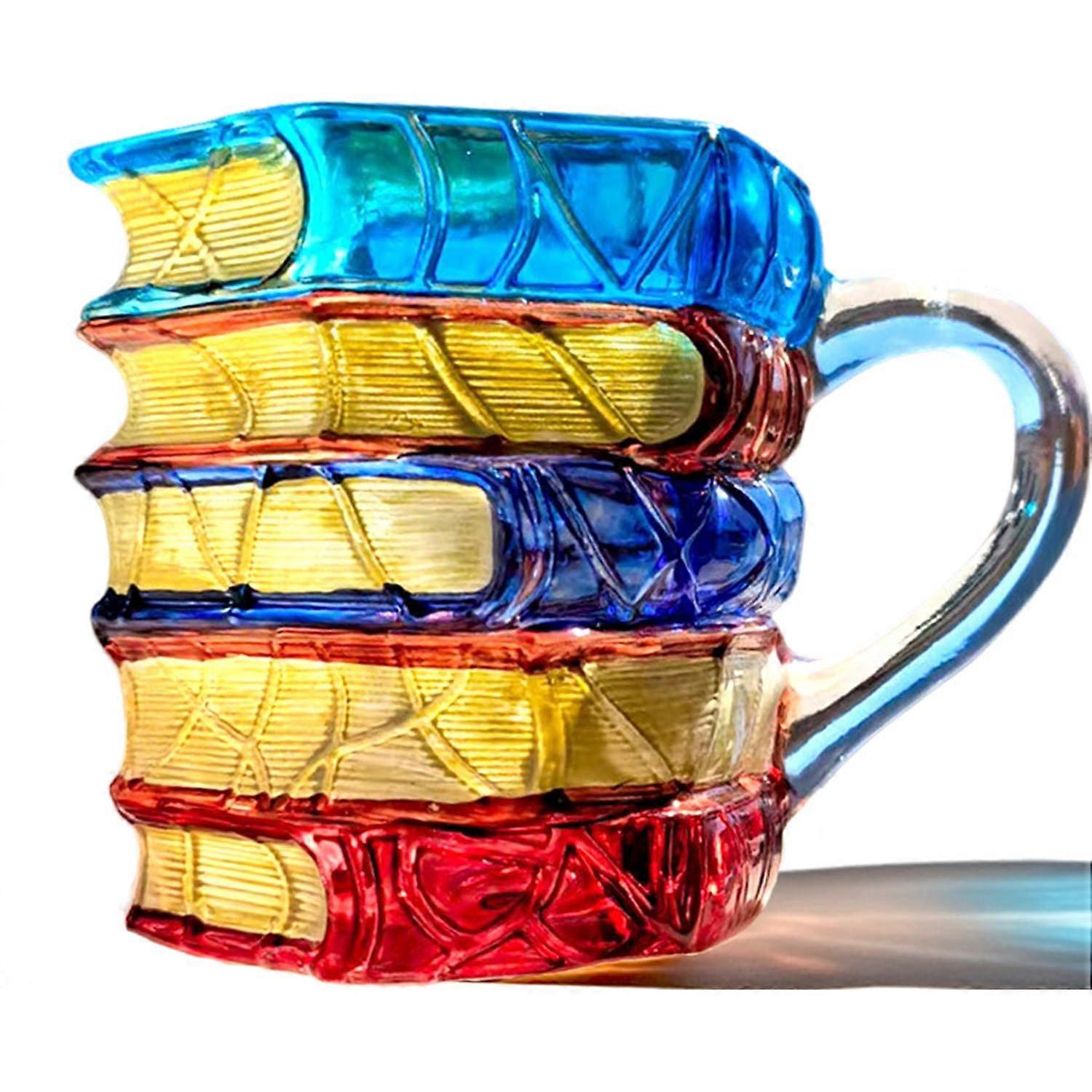 Handmade Glass Coffee Mug with Artistic Bookstack Design, 7oz Tea Cup Gift for Book Lovers