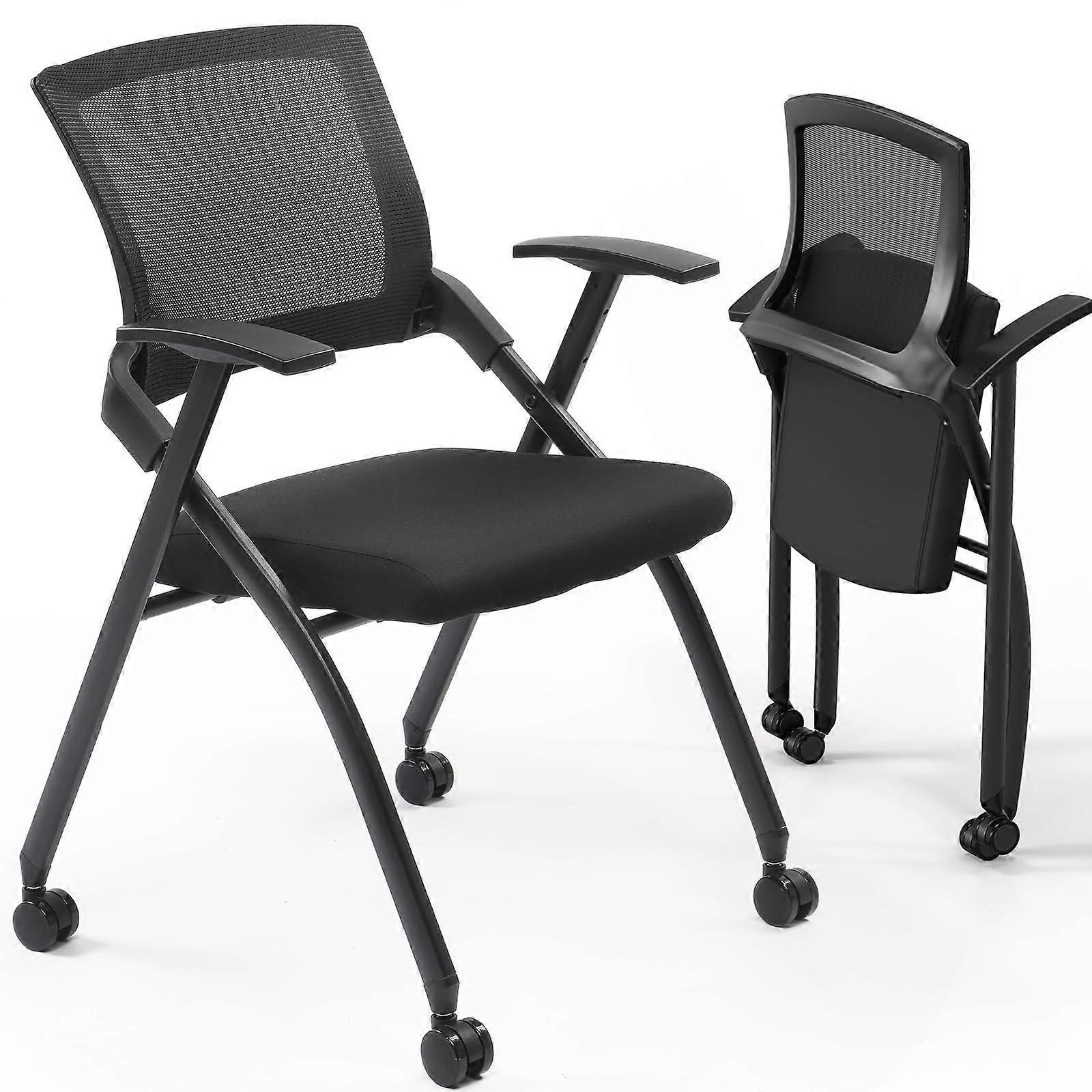 Folding Office Chair with Wheels, Ergonomic Back Support, Stackable Conference Room Guest Chair Set of 2