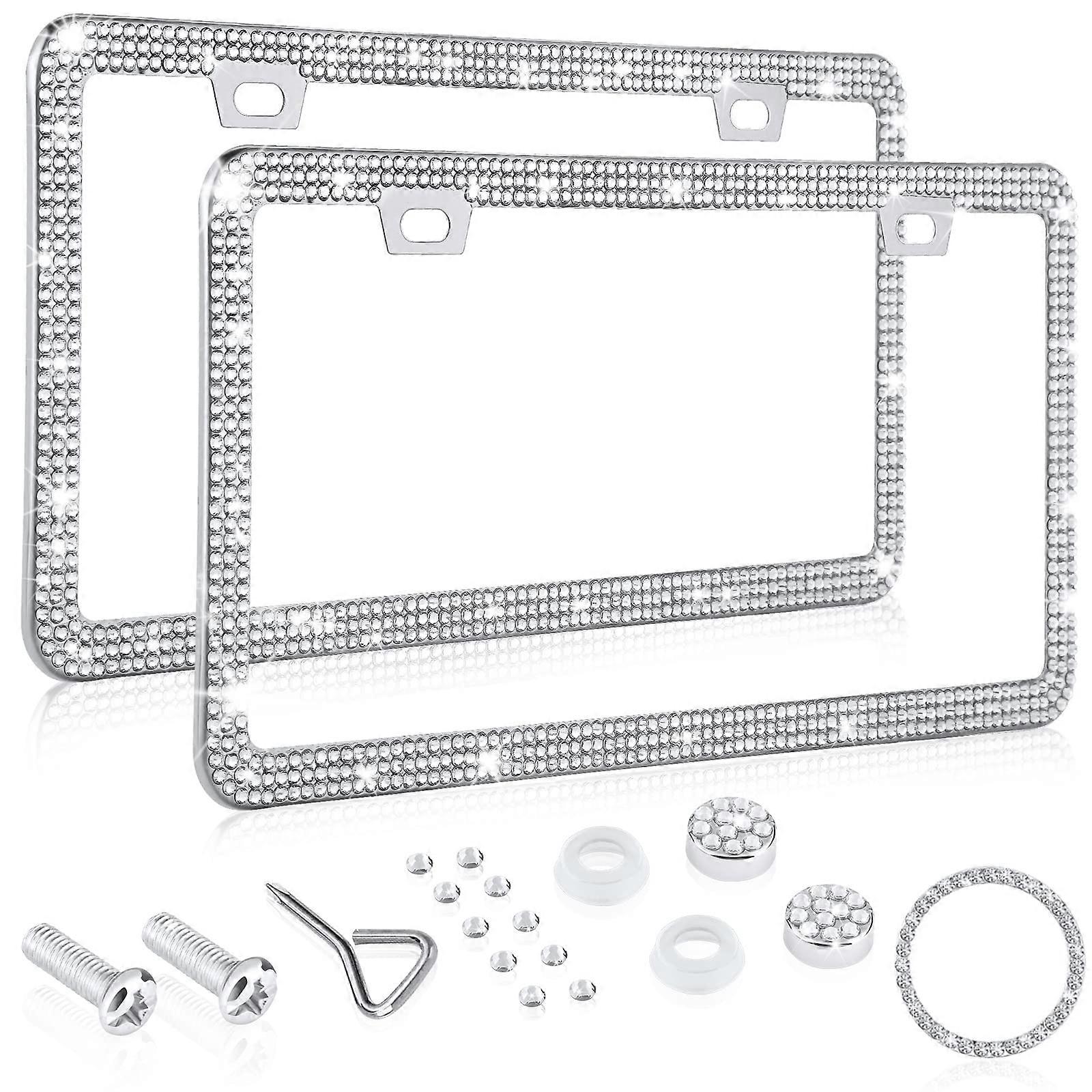 Bling License Plate Frame 2 Pack with Luxury Crystal Rhinestones, Thin Border Stainless Steel, AntiTheft