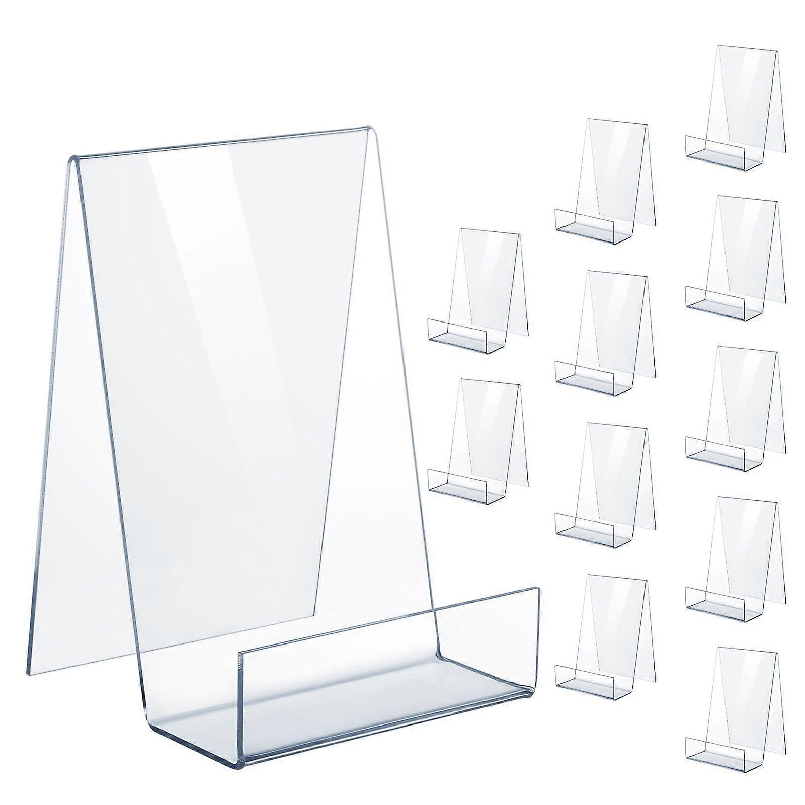 12 Pack Clear Acrylic Book Display Stand with Sturdy Triangular Base for Books, Tablets and Artworks