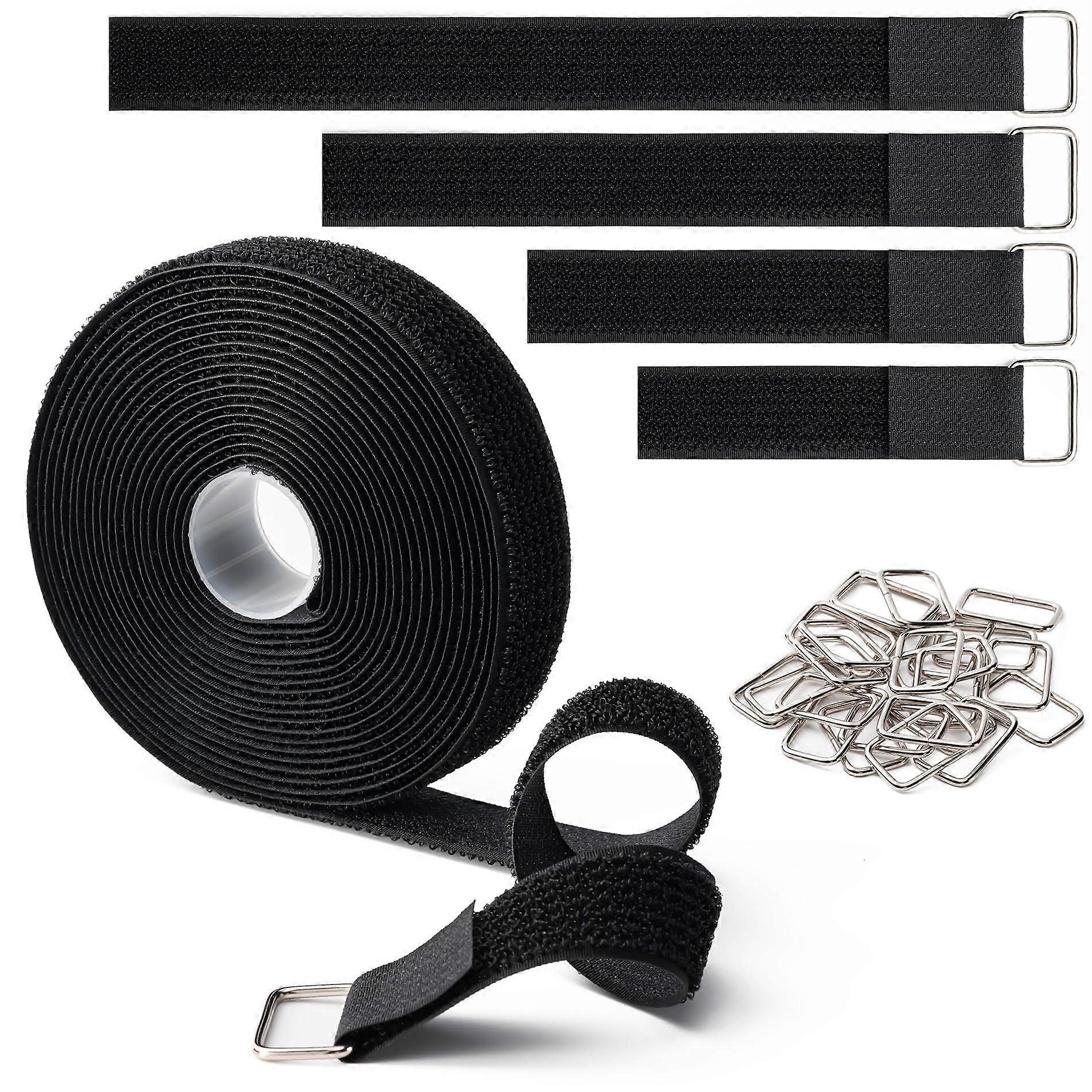 1'x16ft Hook and Loop Straps with 25 Metal Buckles, Adjustable CuttoLength Reusable Cable Straps