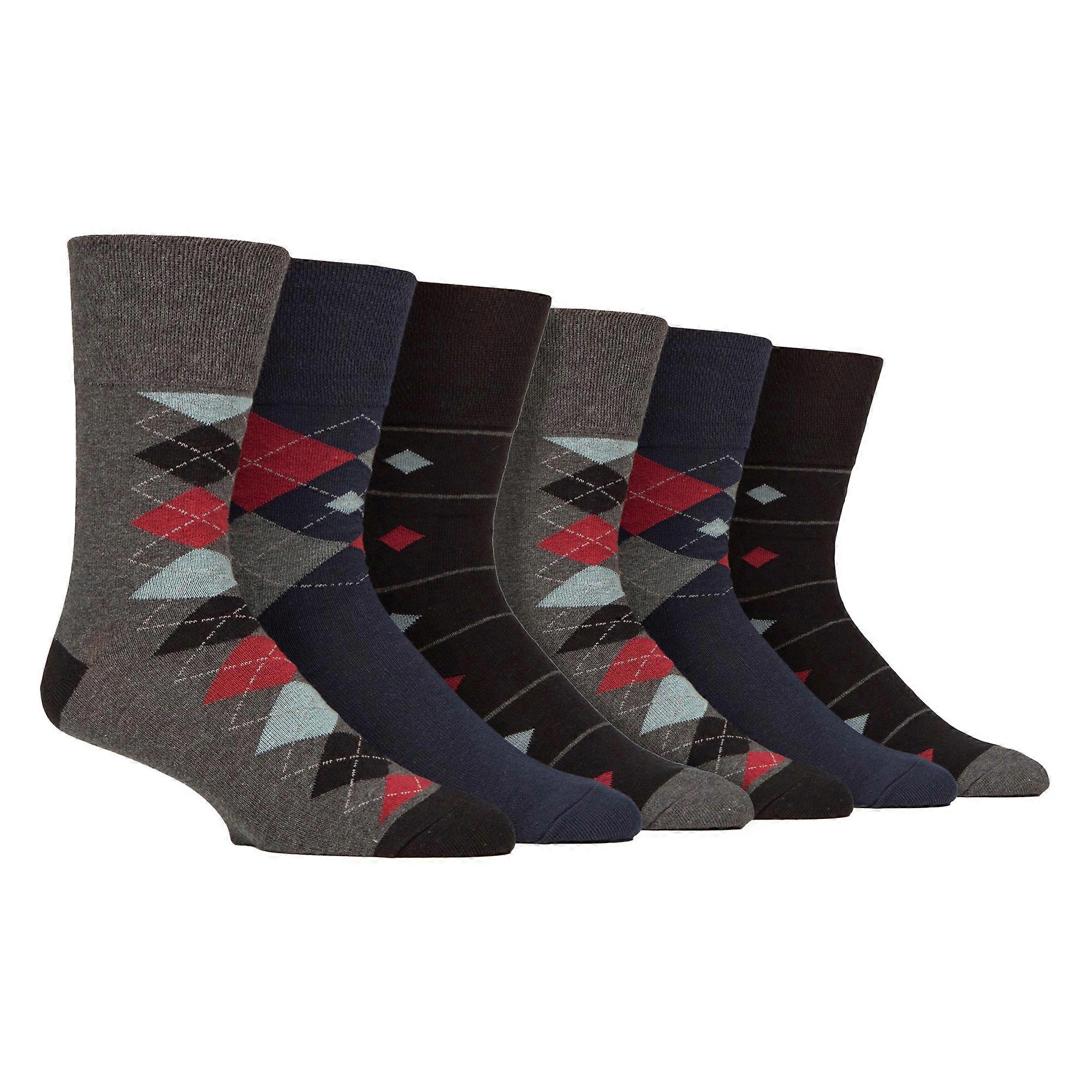 Gentle Grip - 6 Pairs Mens Patterned Non-Binding Cotton Socks