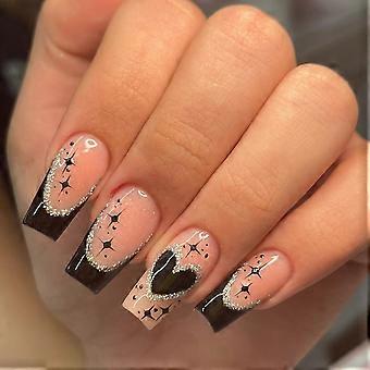 Valentine's Day Press on Nails Pink and Black Coffin Nails with Heart Design Medium Length Reusable Nail Tips 24PCS