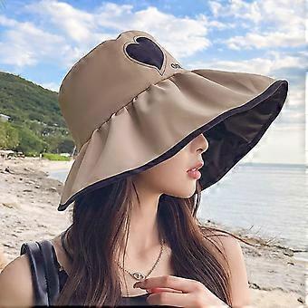 Love black glue sun hat summer black glue anti-ultraviolet sun hat large brim foldable fisherman hat, khaki