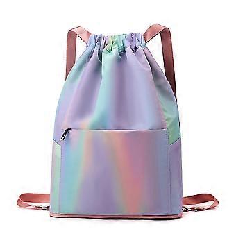 Waterproof Drawstring Backpack with Zipper Pocket, Nylon Gym Bag for Men and Women Blue Purple Gradient