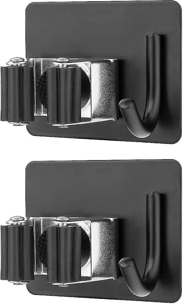 2pcs Wall Mounted Broom Holder(with Hook),stainless Mop Holder Rustproof No Extra Drilling(black)