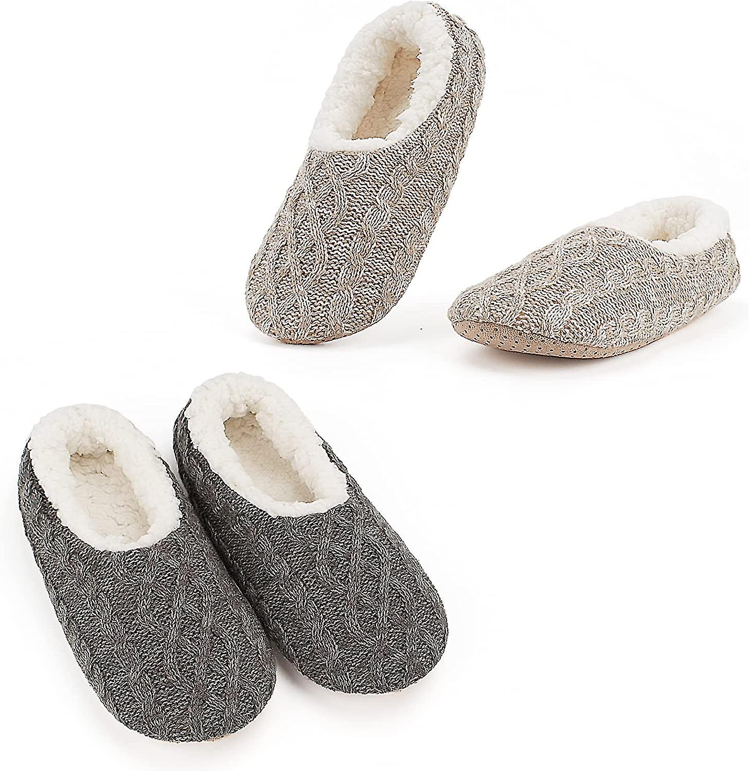 2-pair Women's Soft Sole Slipper Socks With Grippers, Thick Warm Cozy Sherpa Lined Home Socks Set, Cable Knitted Non-slip