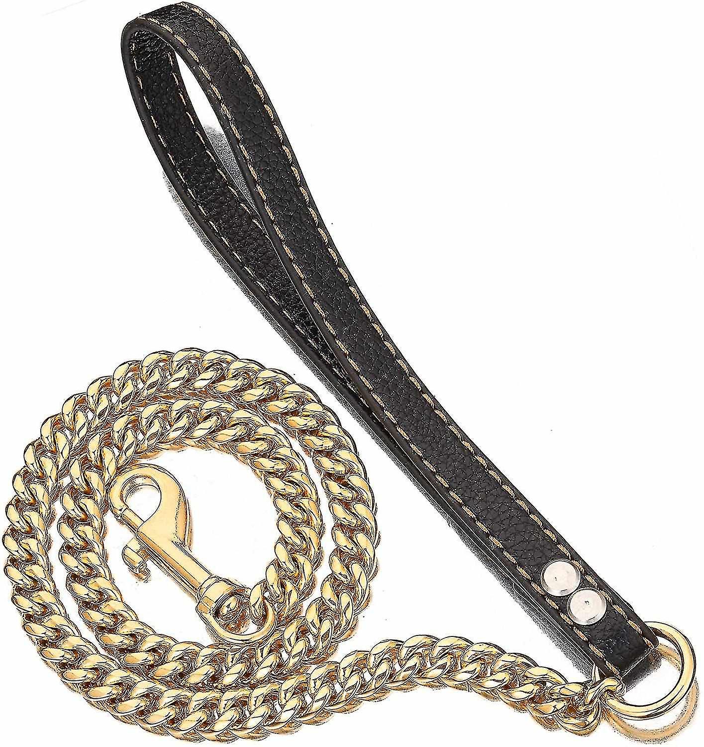 Gold Dog Chain Leash For Cuban Link Collar 12mm Heavy Duty Metal Pet Leash Chain With Leather Padded