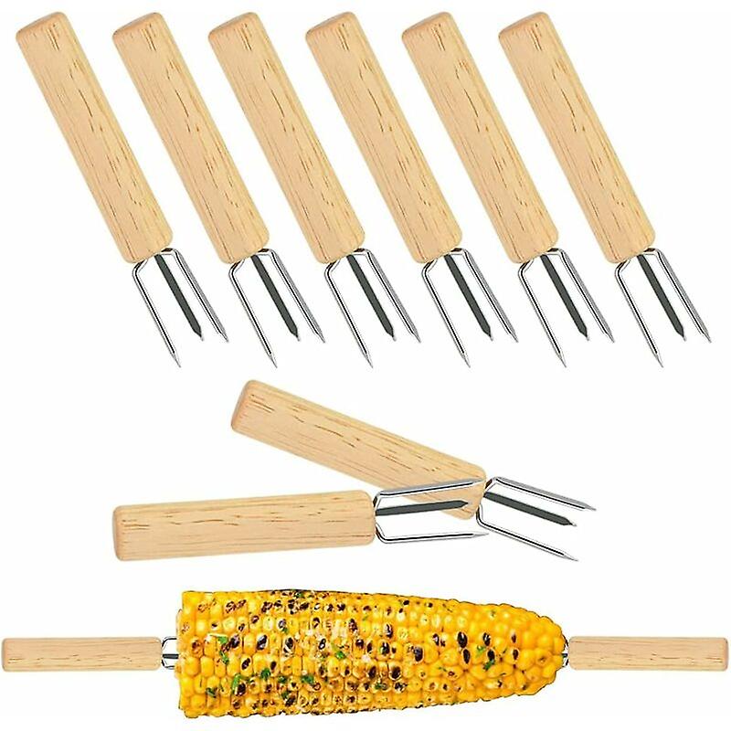 Fruit Fork 3 Prong Corn Skewer with Wooden Handle Rust Proof Corn Spike Barbecue Skewer BBQ Sharp Corn Skewers for Fruit Vegetable Corn Cob BBQ 10 X