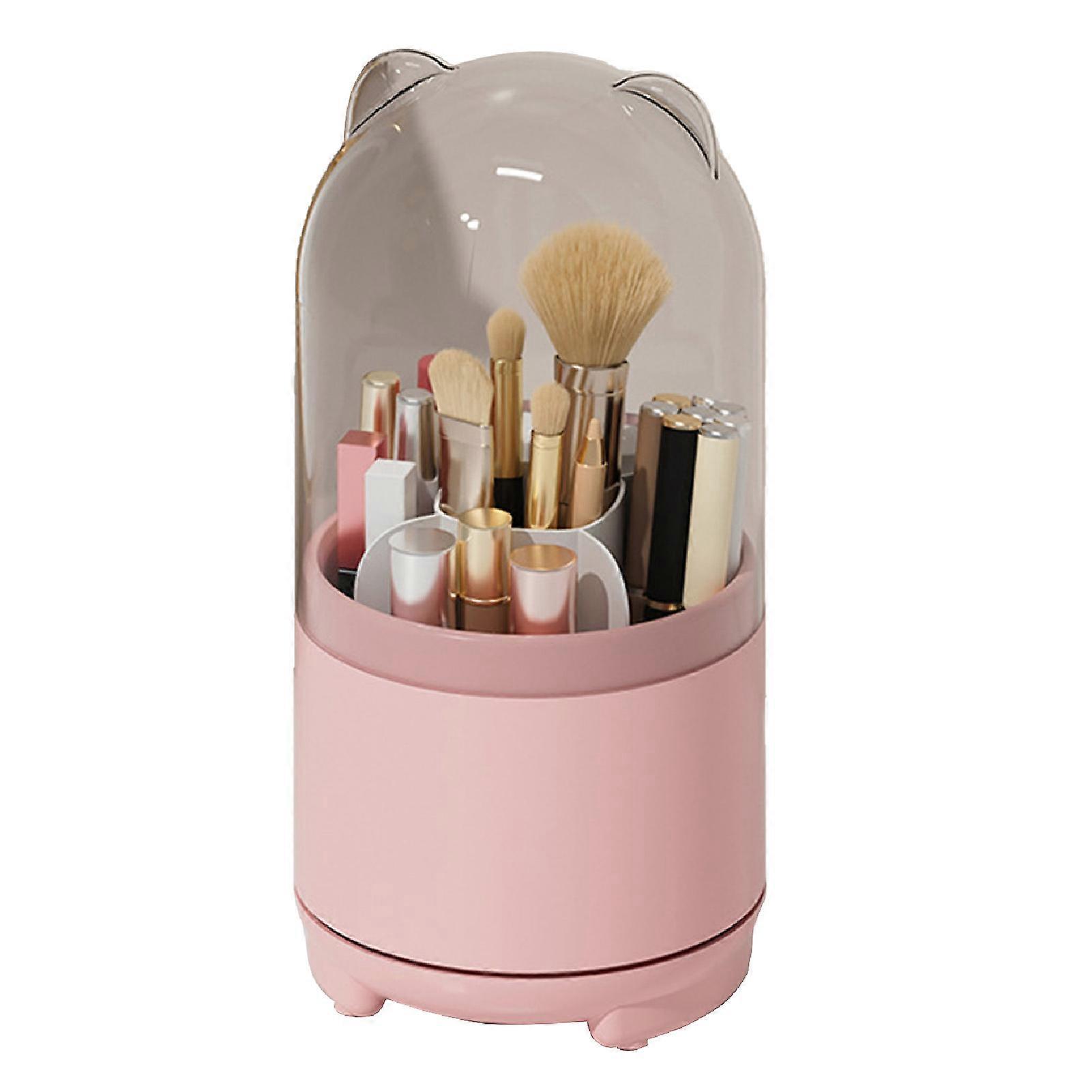 Makeup Brush Storage Box, 360 Degree Rotating, Dustproof, Transparent Cover, Large Capacity, Pink