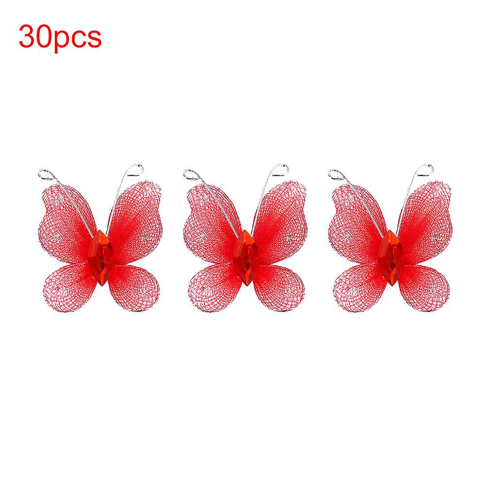 30pcs Wired Mesh Glitter Butterflies with Artificial Gem DIY Handmade Crafts for Weeding Party Home DecorationRed
