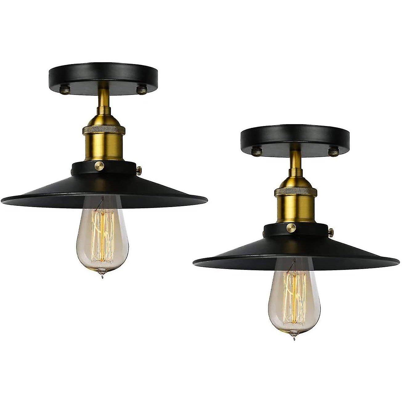 2 X Retro Lamp 22 Cm Cone Shading Black Semi-recessed Installation Lamp, Suitable For Attic