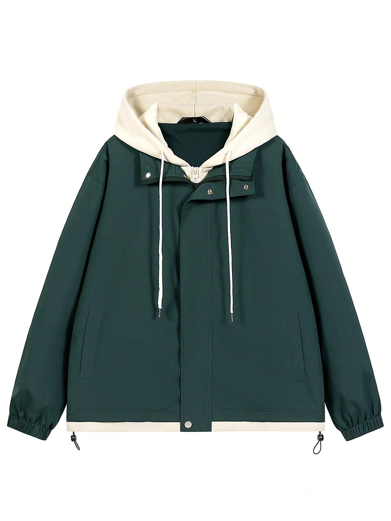 Men Colorblock Drawstring Hem Hooded Jacket