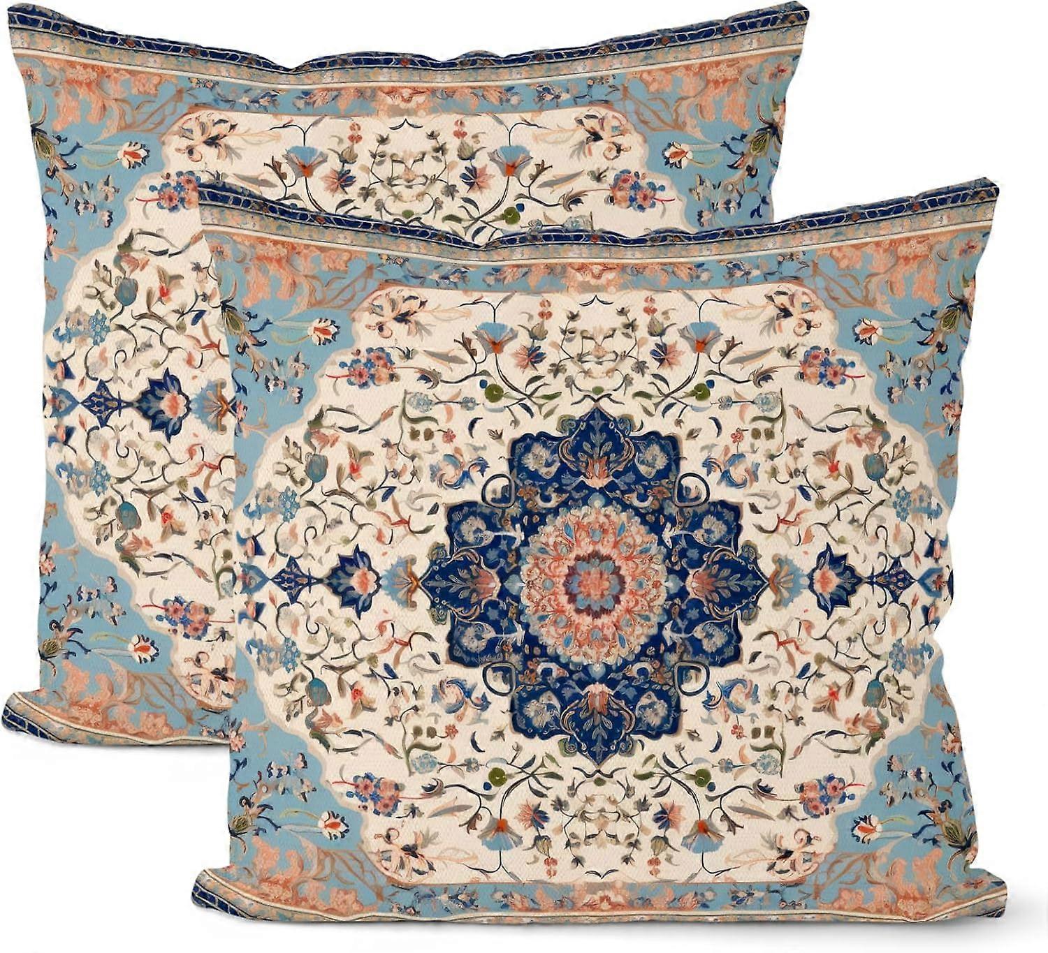Boho Pillow Covers 18x18 Set of 2, Persian Carpet Blue Orange Boho Throw Pillow Covers Linen Farmhouse Floral Bohemia Rug Decor Cushion Case Boho Home