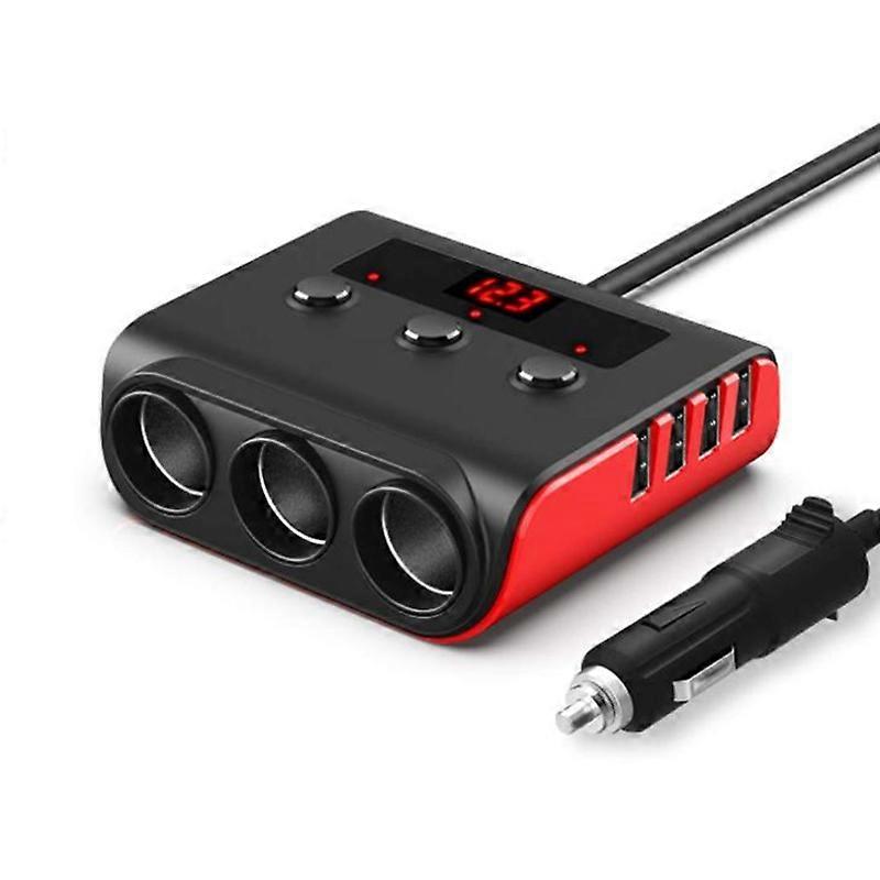 12V/24V Car- Lighter Splitter Adapter 100W Car Charger with 4 USB Ports and 3 Sockets for GPS Dash
