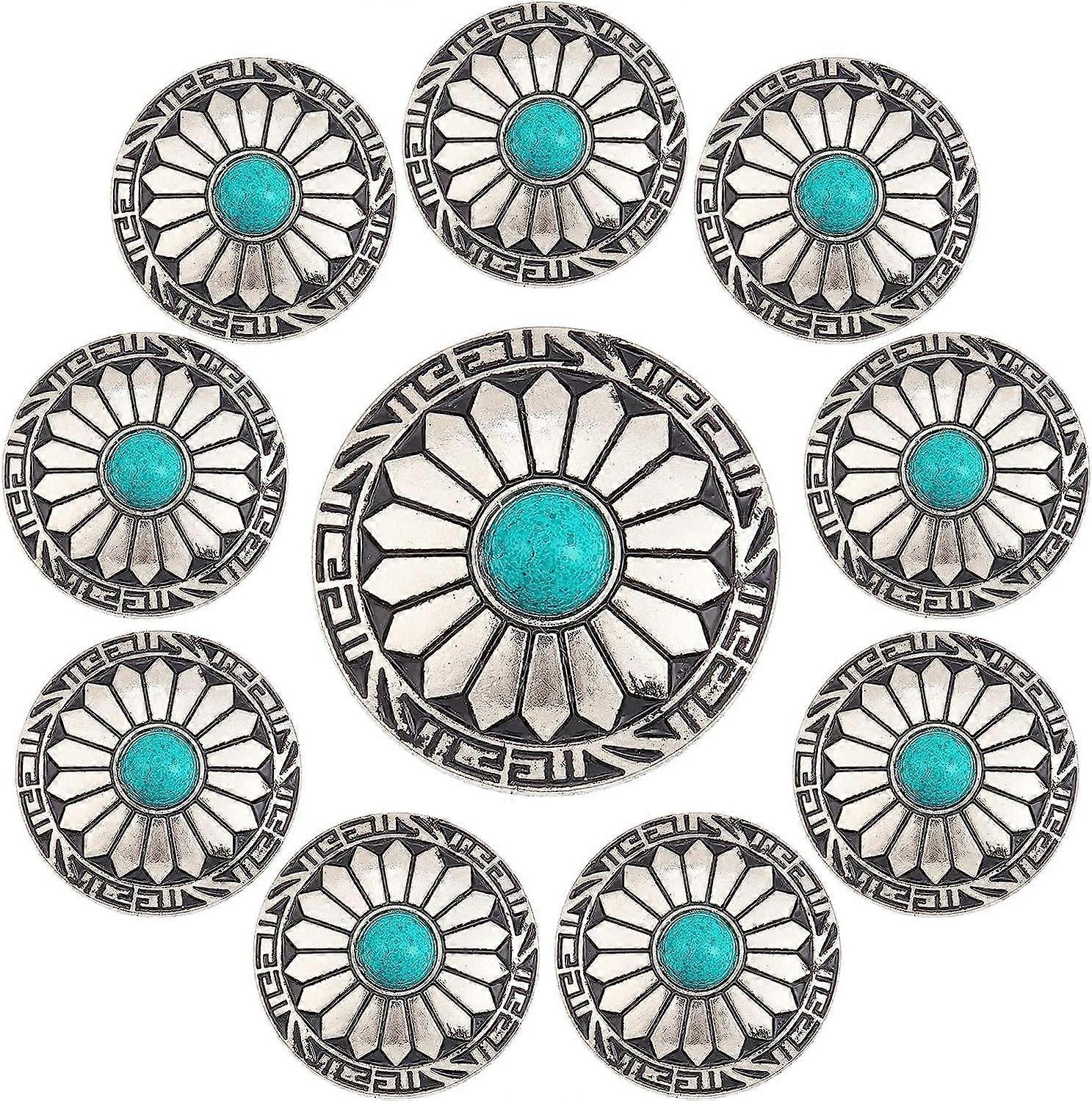 10Pcs 1-Hole Turquoise Buttons Western Conchos Screw Back Round Metal Decorative Conchos Flat Round