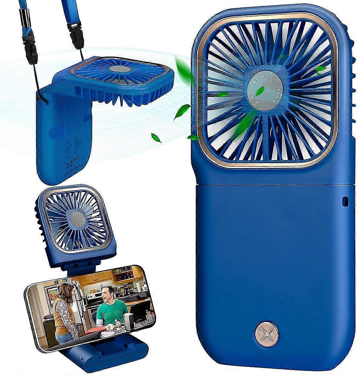 Dww-usb Fan Mini Fan Quiet Hanging Hand Fan, Usb Rechargeable With 3 Speeds, Foldable And Portable Fan For Home, Office And Travel (blue)