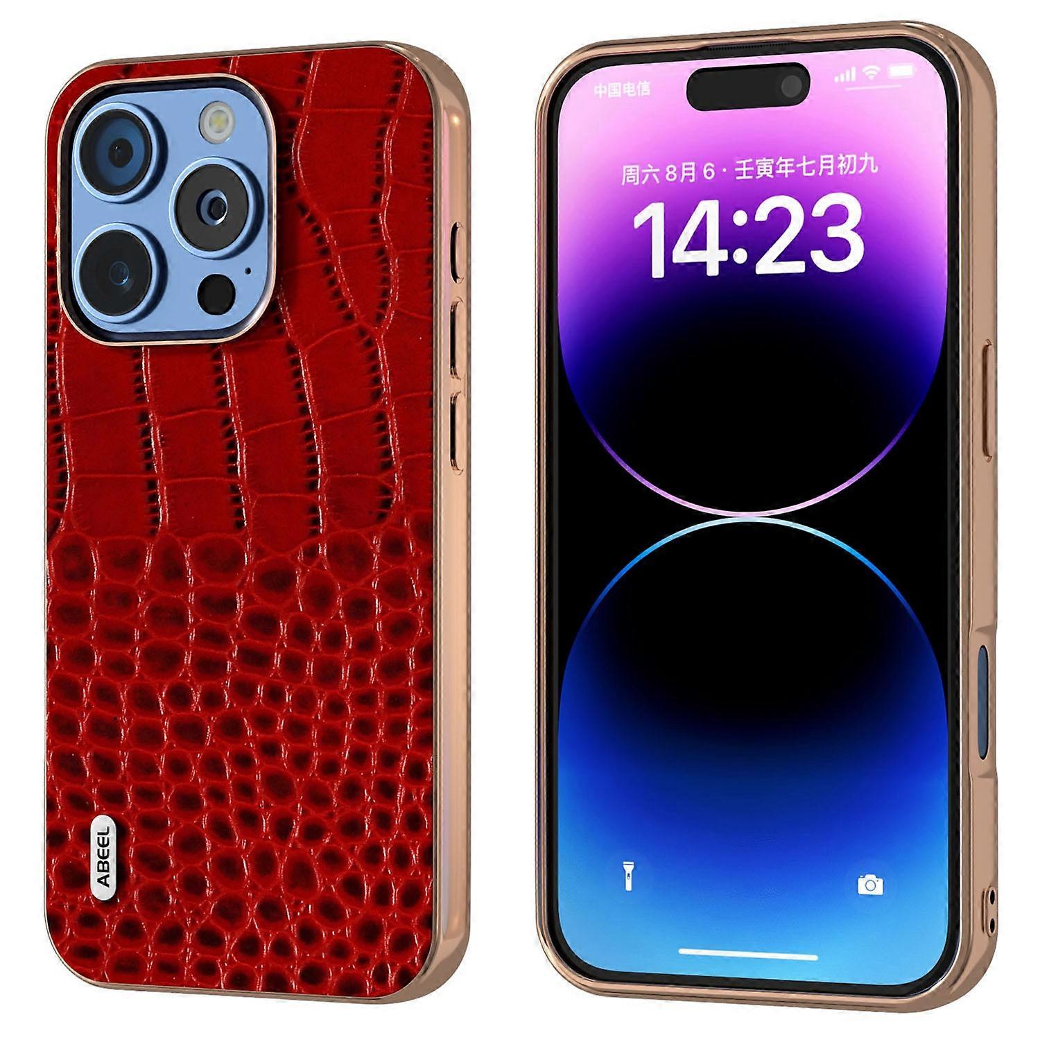 ABEEL For iPhone 16 Pro Max Case Electroplating Edge Crocodile Texture Genuine Cow Leather Back Phon