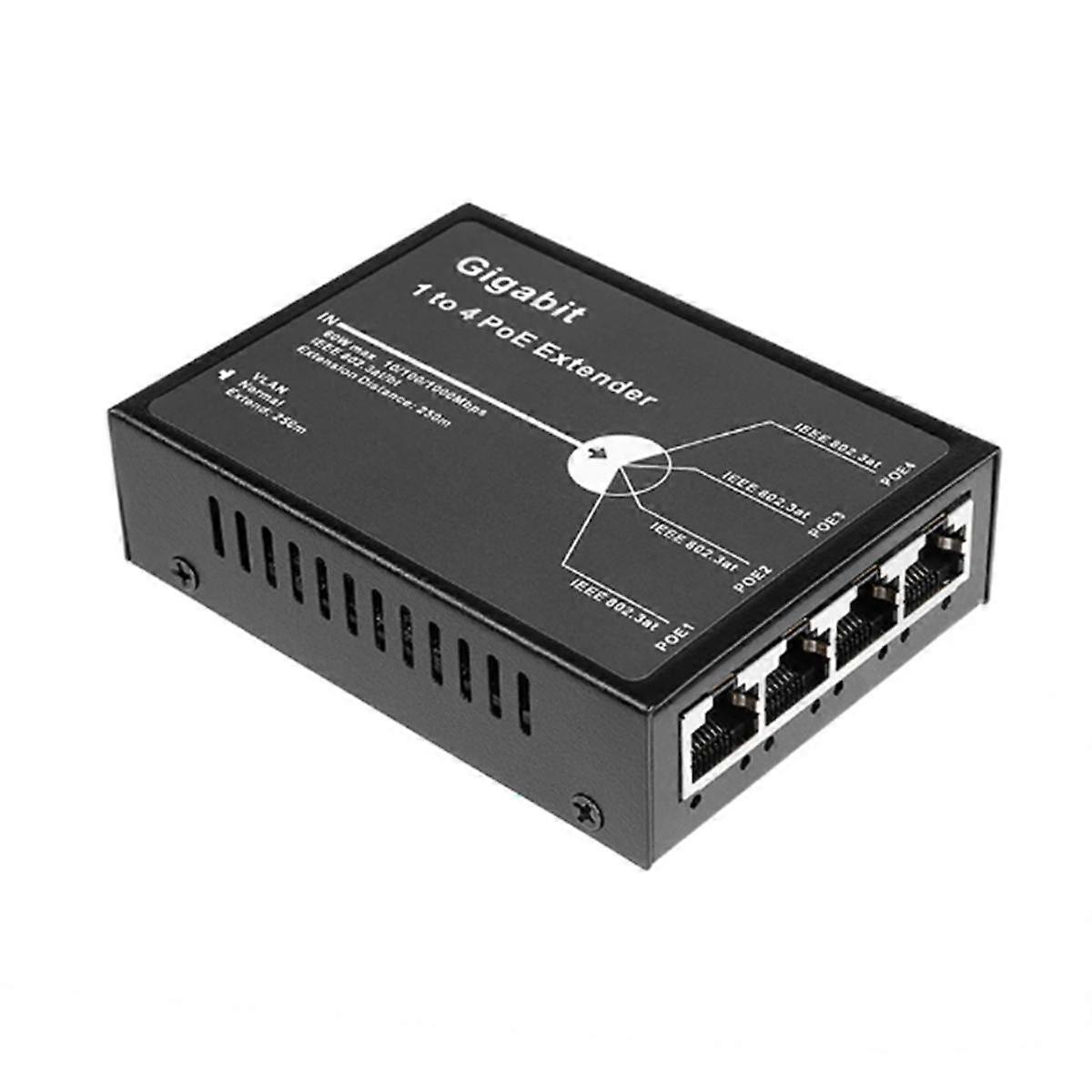 Gigabit 4 Port 60W PoE Extender, 1000Mbps 1 in 4 Out PoE+ Repeater with 3 Mode Available, 60W 802.3