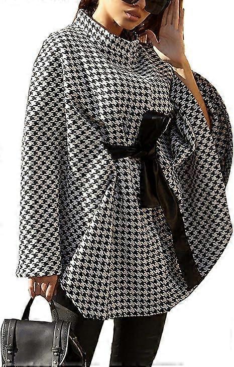 Women's Lace Up Houndstooth Cape Coat
