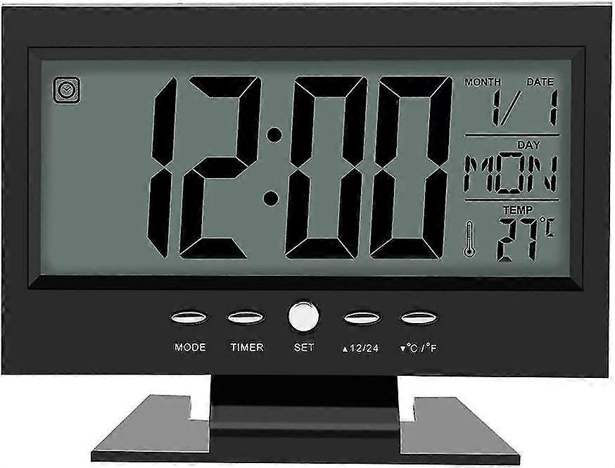Large Lcd Display Digital Sound Sensor Desk Alarm Clock (black) With Smart Night Light And Snooze Ti