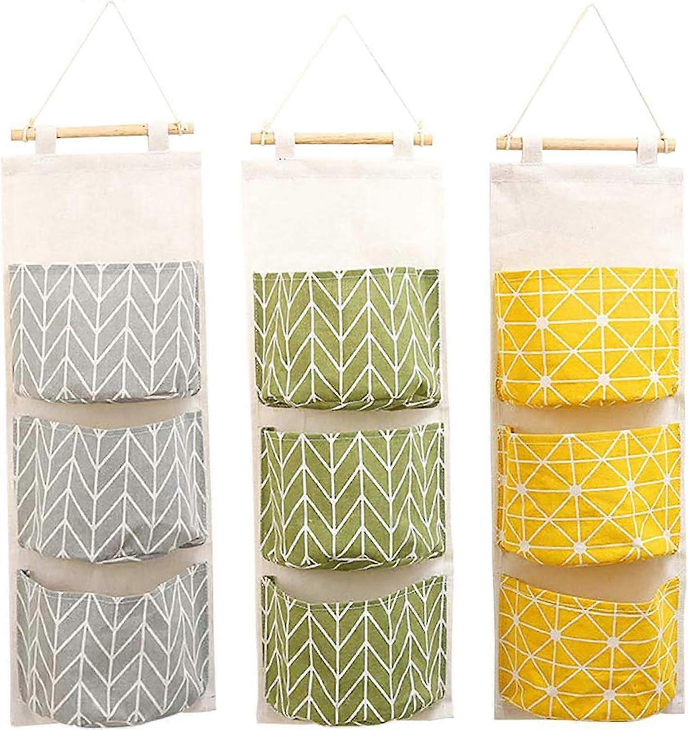 3pcs Cute Linen Cloth Hanging Storage Bag Behind Foldable Wall Door for Storing Small Stuff in Entryway Toys Jewelry Keys 3 Pockets
