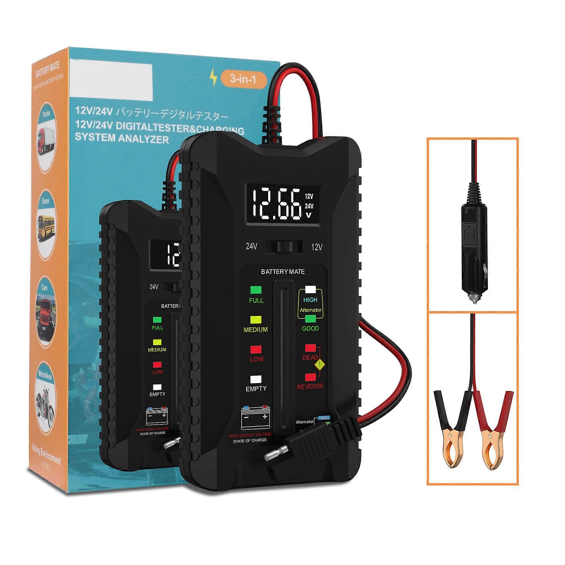 12V/24V Battery Tester, Voltmeter, Charging System Analyzer with LCD and LED Display, 23.6 inch Cable Length