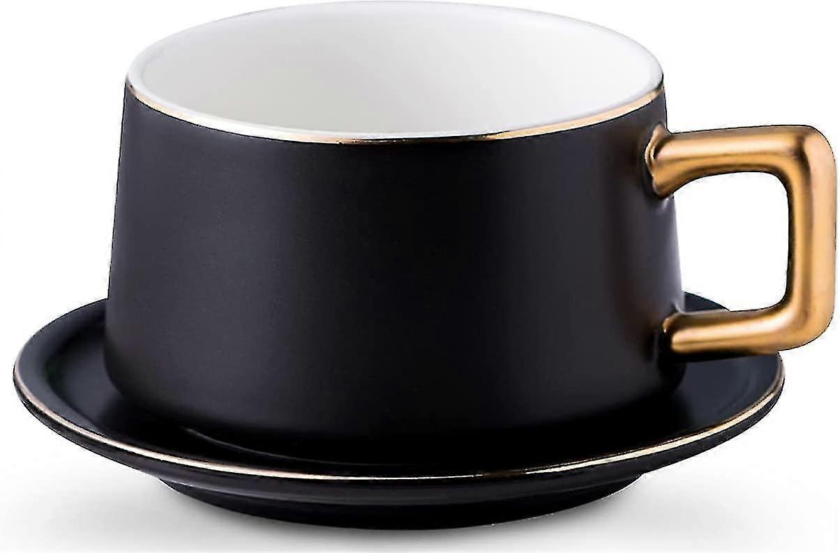 طقم أكواب القهوة والصحن الأسود 9 أونصات طقم كوب شاي من السيراميك مطفي أسود غير لامع من البورسلين