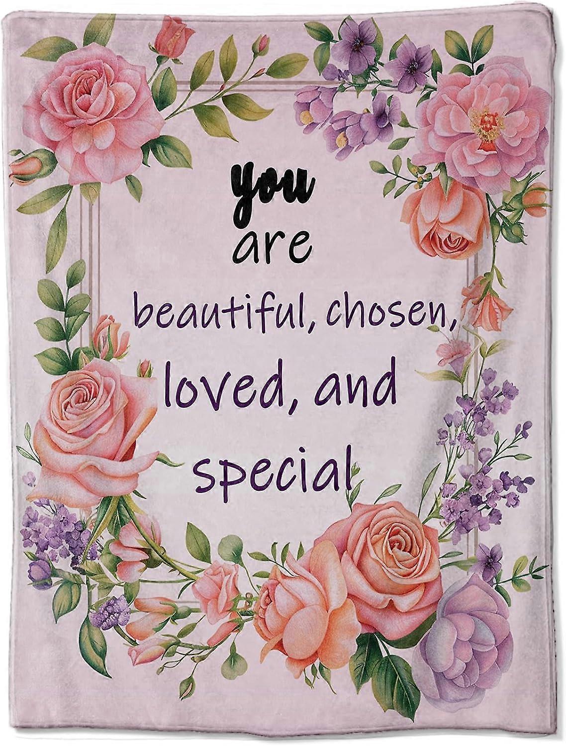 Flanellteppe med rosa og lilla blomsterdesign og bekreftende melding 'Du er  vakker, utvalgt, elsket og spesiell 50x60 tommer | Fruugo NO, image size:1138x1500