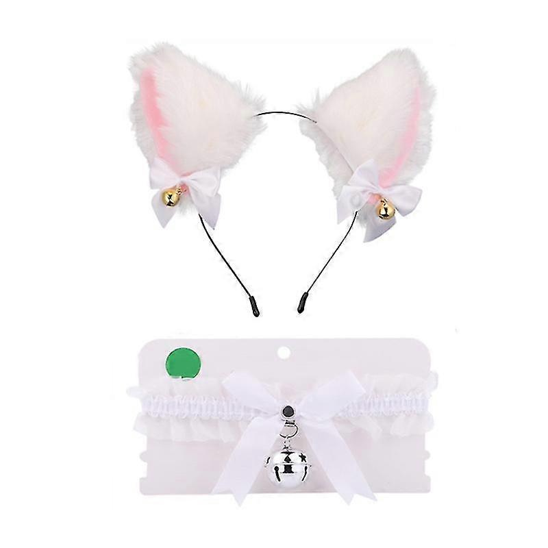 Cat Ears Headband Furry Cat Ears Hair Hoop With Bow Bell Lace Choker Necklace