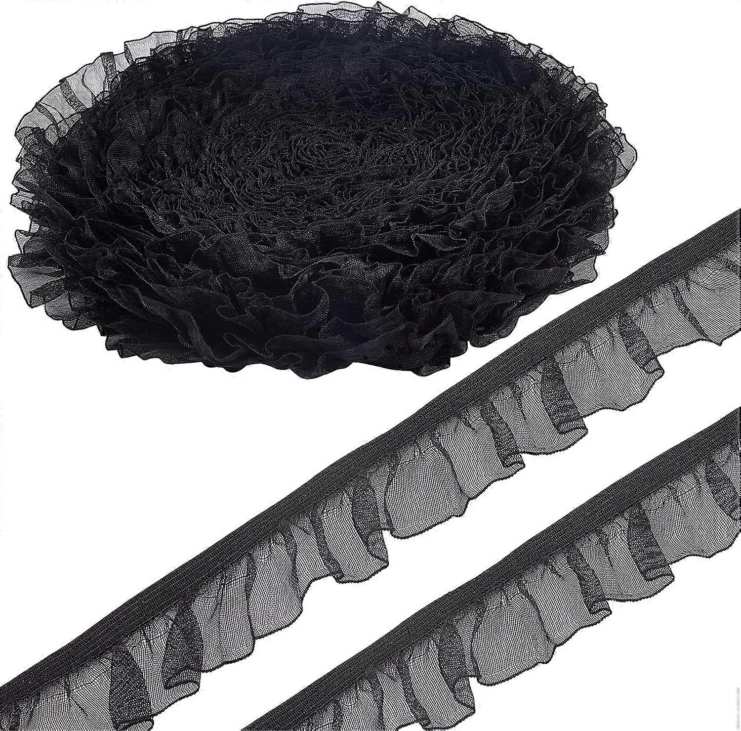 20Yds Elastic Stretch Lace Trim 1 inch Black Ruffled Pleated Satin Tulle Organza Gathered Mesh Chiffon Lace Edge Fringe Trimmings Ribbon Single Appliq