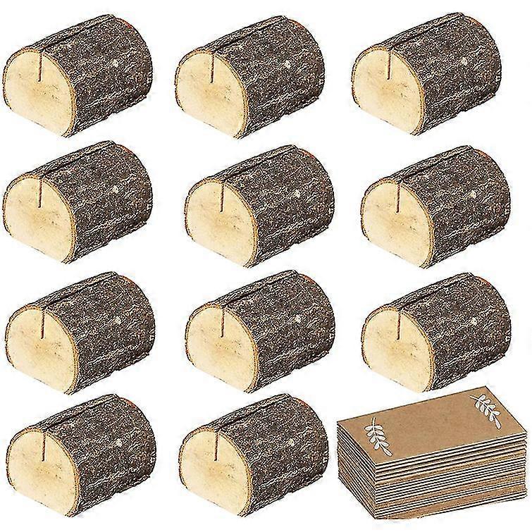 12pcs Rustic Natural Wood Place Card Holders and Kraft Table Place Cards, Chic Table Number Holders, Table Sign Stand, Name Card Photo Picture Holders
