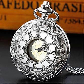Retro Bronze Römische Ziffern Taschenuhr mit Anhängerkette Herren Hohles Skelett Zifferblatt Quarz Taschenuhr Geschenke