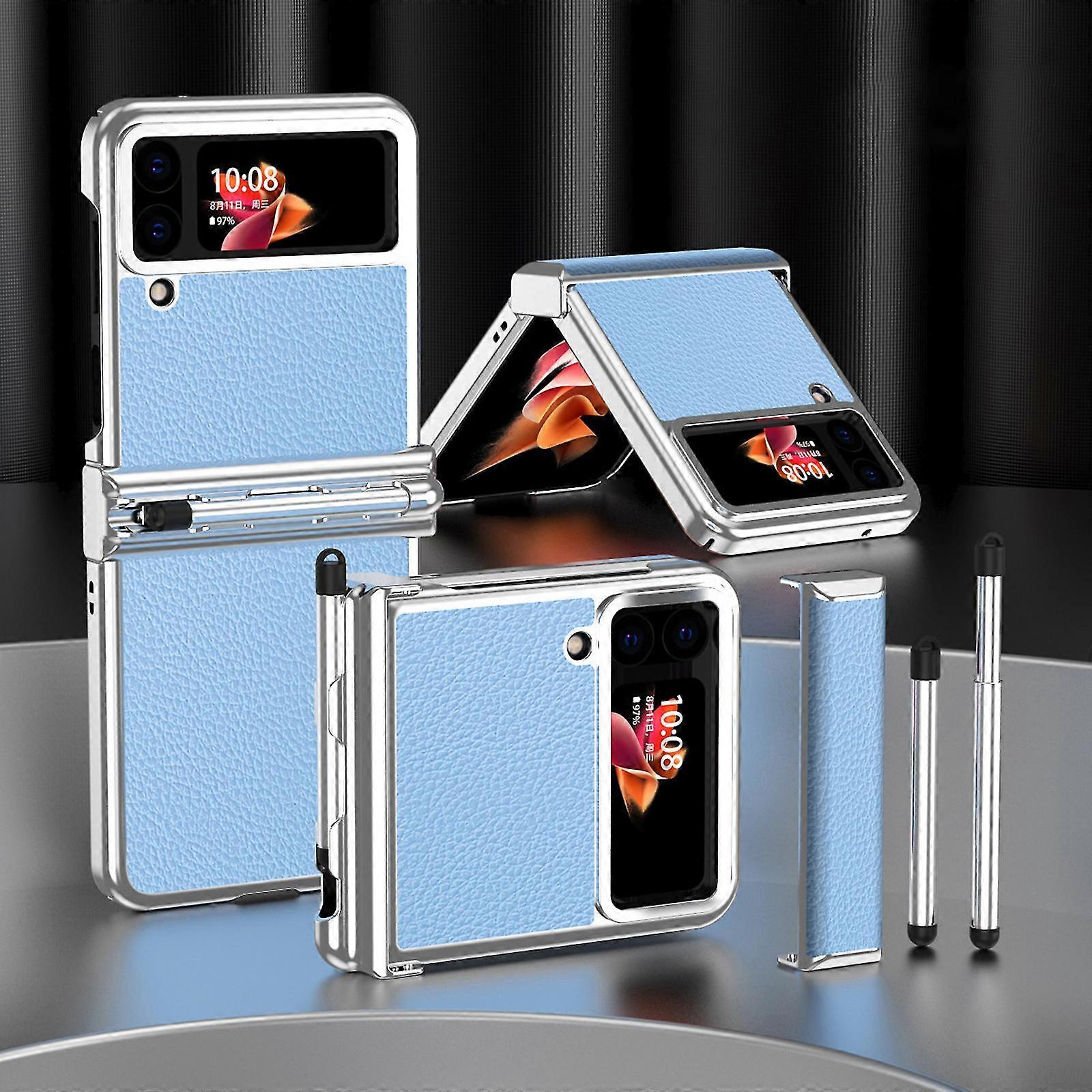 Plating Case Compatible With Samsung Galaxy Z Flip 4, Hard Pc+plain Leather Shockproof Cover With Hinge & Pen