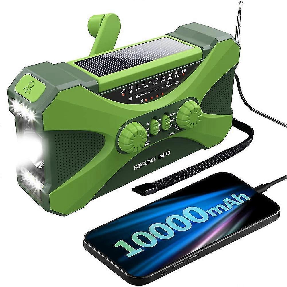 10000mah ραδιόφωνο έκτακτης ανάγκης, ηλιακό ραδιόφωνο μανιβέλας χεριών, φορητό ραδιόφωνο με το φορτιστή τηλεφώνου, οδηγημένος φακός πράσινος