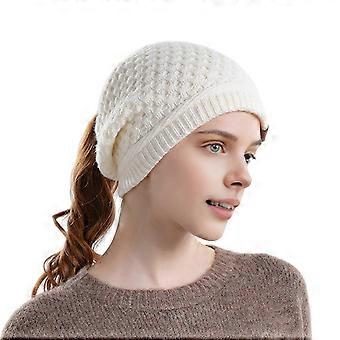 Women Hat Knitted Thick with Ponytail Hole Solid Color Keep Warm Beanie Elastic Ear Protection