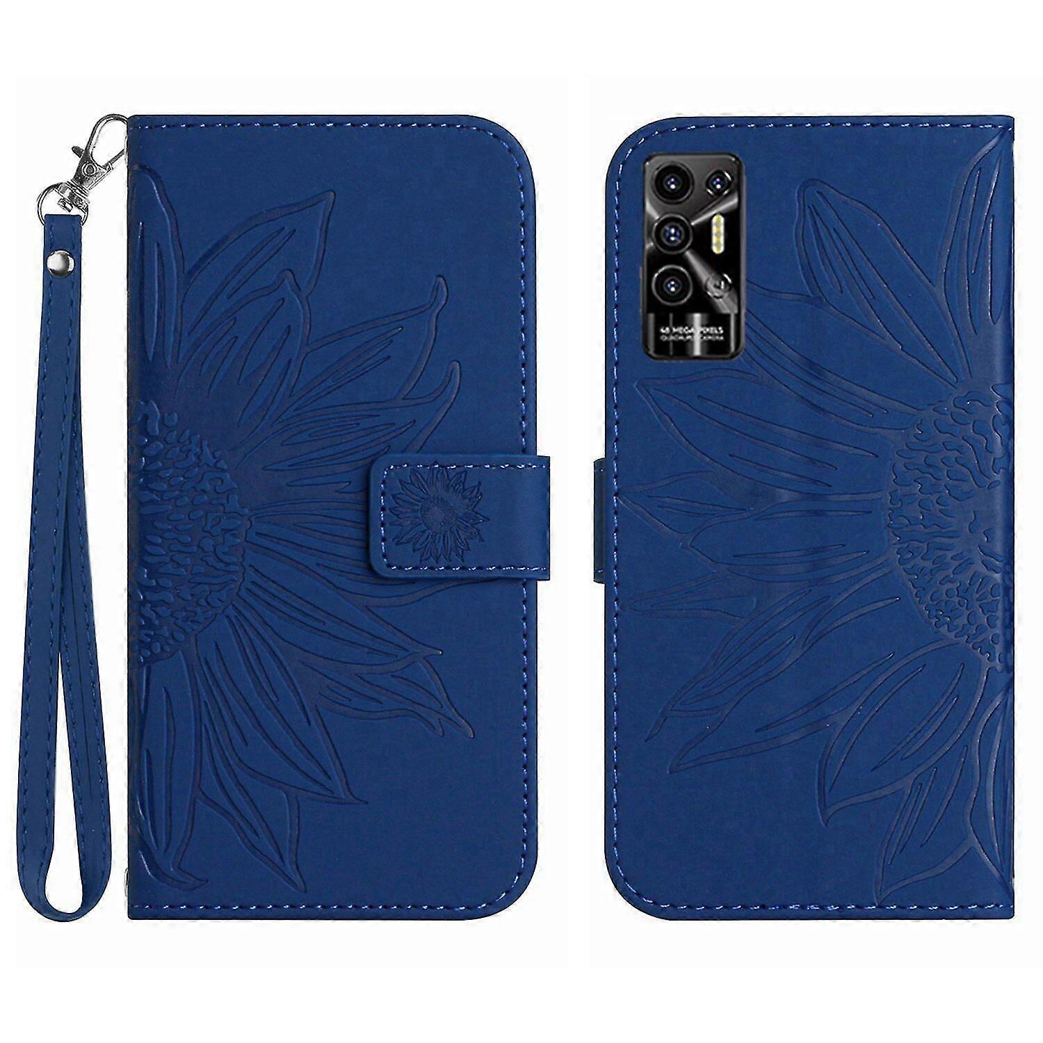 FLOODKING Compatible With Tecno Pova 2 Embossed Sunflower Magnetic Card Holder Wallet Phone Case with Short Strap