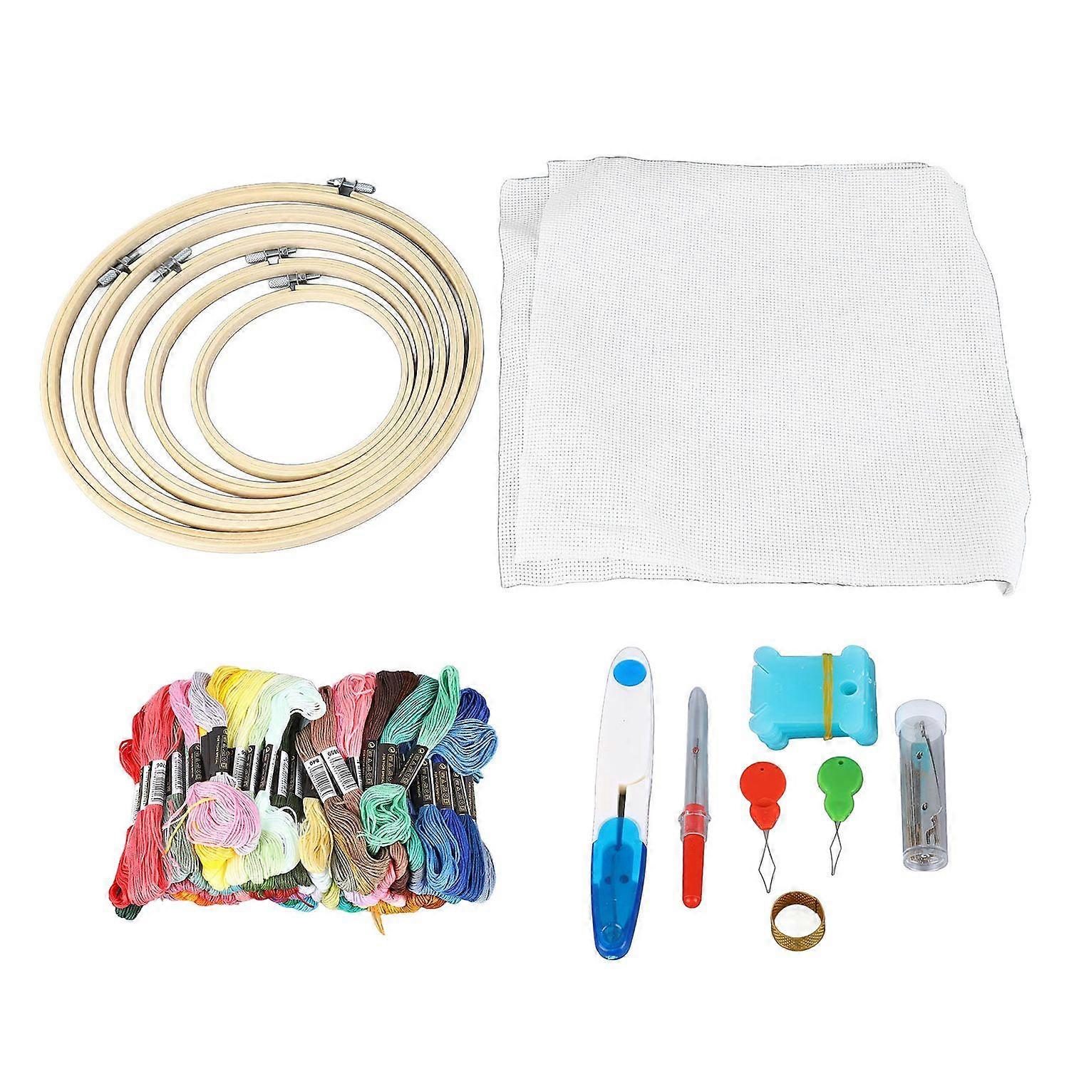 Kit de Bordado com 5 Argolas de Bordado 100 Fios de Cor 2 Pano de Bordado Kit Inicial de Bordado f