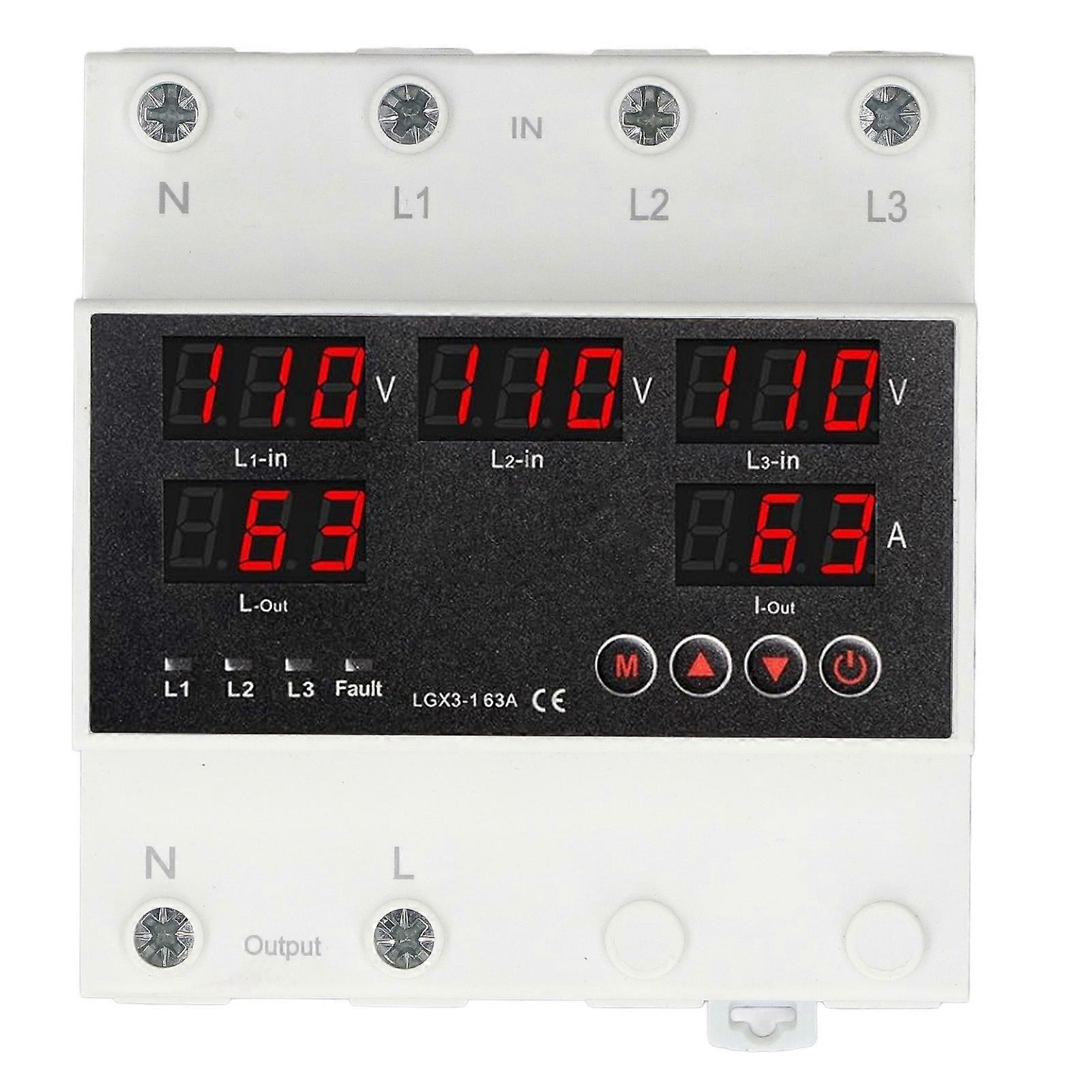 Automatic Transfer Switch 63A 3P4W LED Display Adjustable Voltage Protector for Home Generator Inverter AC110V(110‑300V Maximum 80‑330V Min)