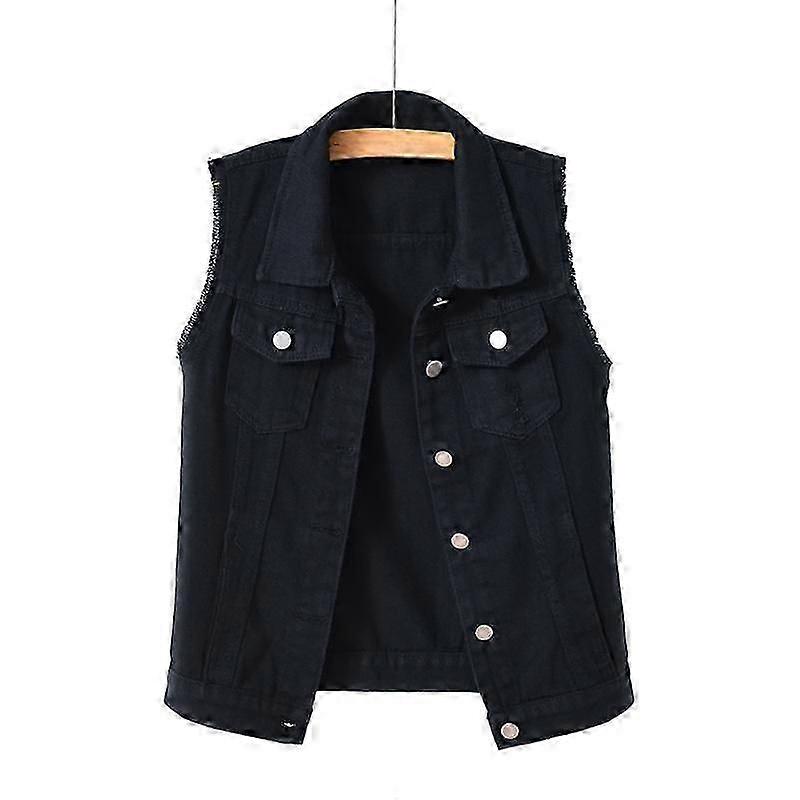 Cowboy Waistcoat Women's Short Spring and Summer Plus Size Raw Edge Sleeveless Jacket Hole Breaking Cardigan